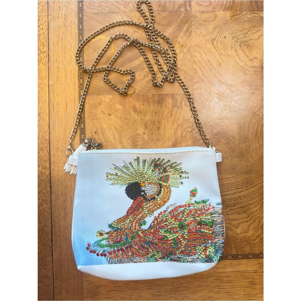 Rhinestone Peacock Crossbody Purse White Gold Chain Sparkly Bag